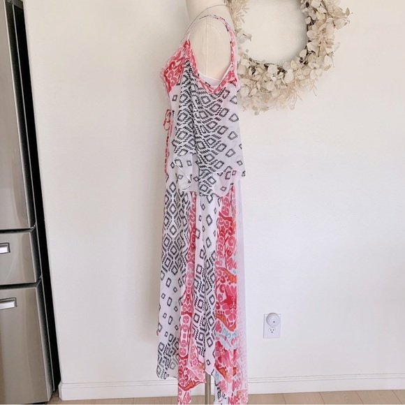 NWOT Bebe Flowy Chiffon Geometric Tribal Print Cold-Shoulder V-Neck Maxi Dress - Picture 8 of 15